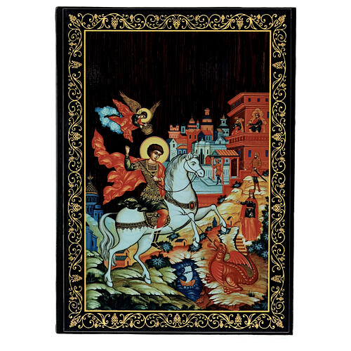 Russian lacquer box, papier-maché, St. George with the dragon, 9x6 in 1