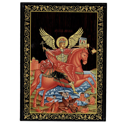Russian lacquer box, St Michael the Archangel, 9x6 in 1