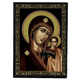 Box with Russian papier-maché lacquer, 5.5x4 in, Our Lady of Kazan