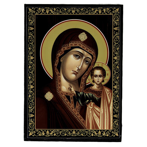 Box with Russian papier-maché lacquer, 5.5x4 in, Our Lady of Kazan 1