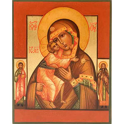 Ícone russo Nossa Senhora de Fiodor com dois santos 13x10 cm 1