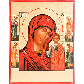 Russische Ikone Gottesmutter Vladimir, roter Mantel und Heiligen