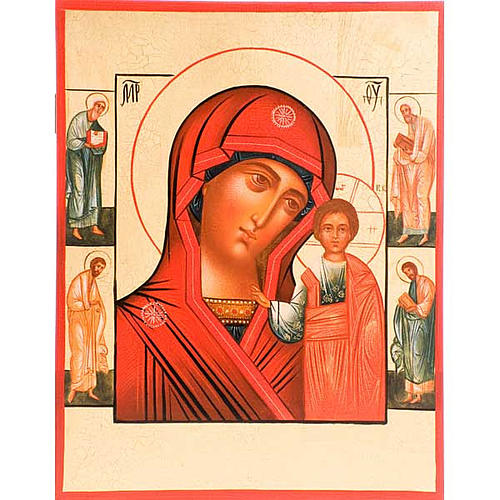 Russische Ikone Gottesmutter Vladimir, roter Mantel und Heiligen 1