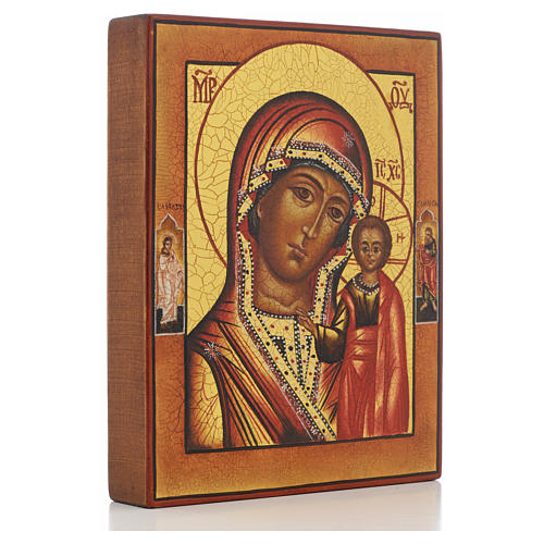 Russian painted icon, Our Lady of Kazan with 2 saints 2