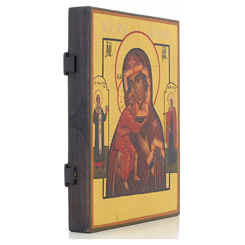 Ícone Russo Pintado Nossa Senhora de Fiodor com Dois Santos 21x17 cm 2