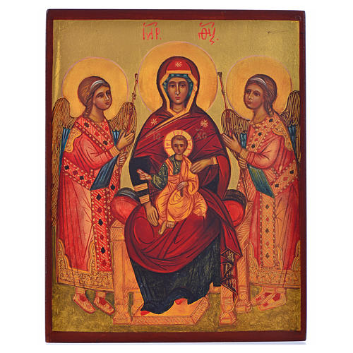 Ikona rosyjska malowana Madonna na tronie pośród aniołów 14x11 1