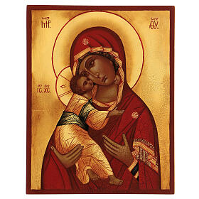 Russische Ikone handgemalt Madonna von Vladimir mit rotem Gewand