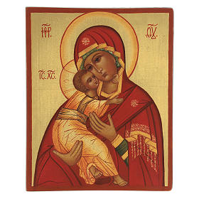 Icono ruso Virgen de Vladimir pintado capa roja 14x10 cm