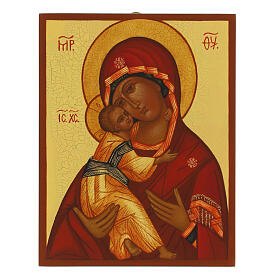 Icona russa Madonna di Vladimir dipinta manto rosso 14x10 cm