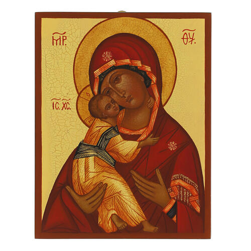 Icona russa Madonna di Vladimir dipinta manto rosso 14x10 cm 1