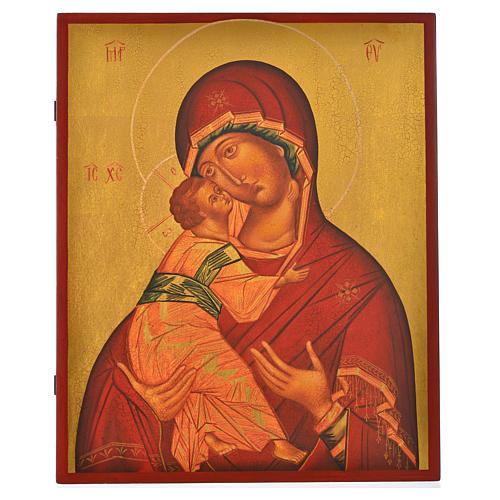 Icona russa dipinta Madonna di Vladimir manto rosso 36x30 1