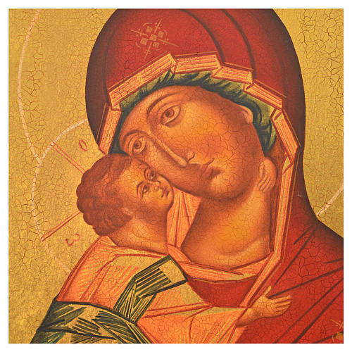 Ikona rosyjska malowana Madonna Włodzimierska czerwony płaszcz 36x30 2
