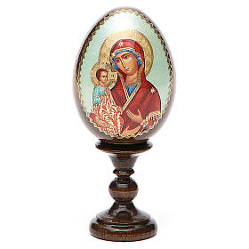 Russische Ei-Ikone, Dreihändige, Decoupage, Gesamthöhe 13 cm