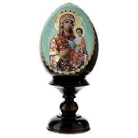 Huevo ruso de madera découpage Virgen con Niño fondo azul altura total 13 cm