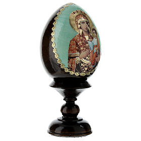Huevo ruso de madera découpage Virgen con Niño fondo azul altura total 13 cm