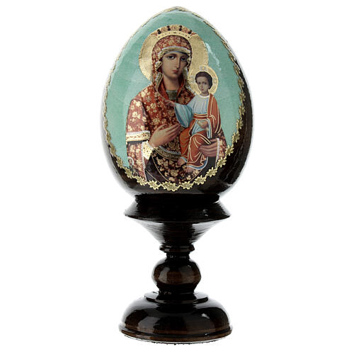 Huevo ruso de madera découpage Virgen con Niño fondo azul altura total 13 cm 1