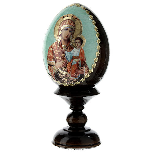 Huevo ruso de madera découpage Virgen con Niño fondo azul altura total 13 cm 3