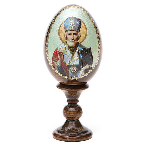 Huevo ruso de madera découpage San Nicolás altura total 13 cm estilo imperial ruso 1