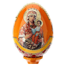 Huevo ruso de madera découpage Virgen con Niño fundo rojo altura total 13 cm estilo imperial ruso