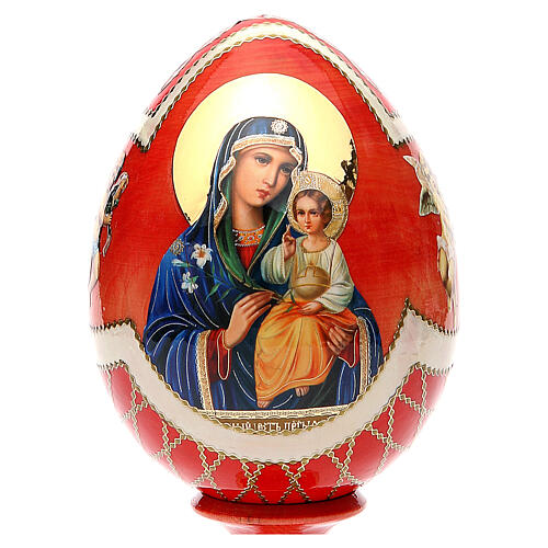Huevo ruso de madera découpage Virgen de los Lirios Blancos estilo imperial ruso altura total 20 cm 2