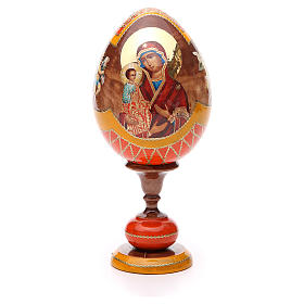 Huevo ruso de madera découpage Virgen de las Tres Manos estilo imperial ruso altura total 20 cm