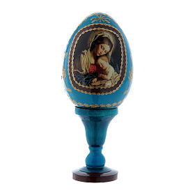 Huevo azul ruso de madera decorada Virgen con Niño h tot 13 cm