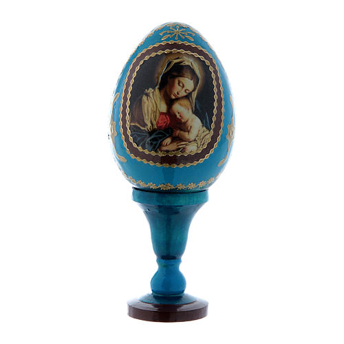 Oeuf bleu russe en bois décoré Vierge à l'Enfant h tot 13 cm 1