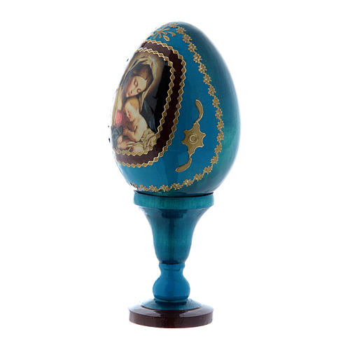 Uovo blu russo in legno decorato Madonna col Bambino h tot 13 cm 2
