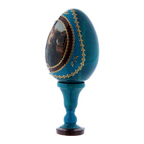 Russian Egg Madonna adoring the Child, Fabergé style, blue 13 cm