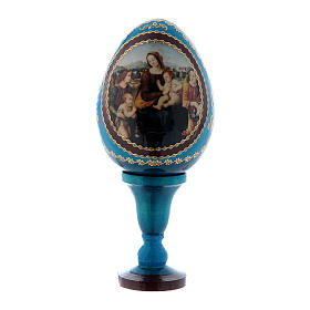 Russische Ei-Ikone, blau, Madonna mit Kind, Johannesknaben und Engeln, Gesamthöhe 13 cm