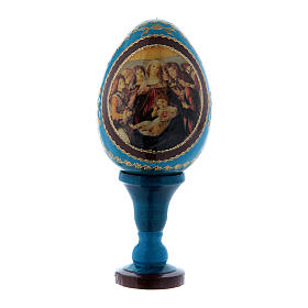 Ovos Russos Pintados: Ovo azul russo em madeira decorado A Virgem e o Menino com seis anjos h tot 13 cm