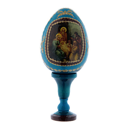 Uovo russo decorato a mano blu La Nascita di Gesù Cristo h tot 13 cm 1