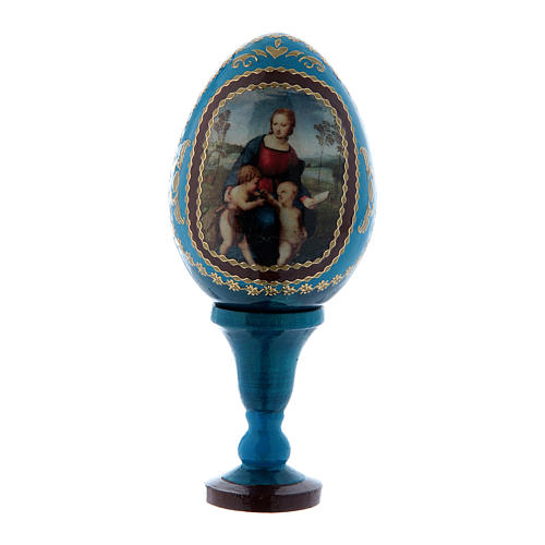 Ovo azul russo em madeira decorado A Virgem do Pintassilgo h tot 13 cm 1