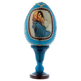 Russische Ei-Ikone, blau, Madonna der Straße, Gesamthöhe 13 cm