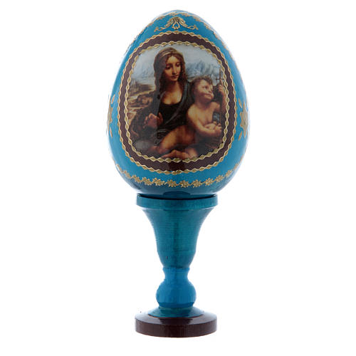 Russische Ei-Ikone, blau, Madonna mit der Spindel, Gesamthöhe 13 cm 1