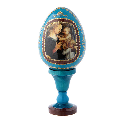 Uovo in legno decorato blu La Madonna col Bambino e Angeli h tot 13 cm 1