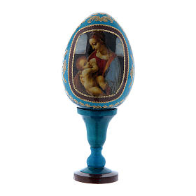 Russische Ei-Ikone, blau, Madonna Litta, Gesamthöhe 13 cm