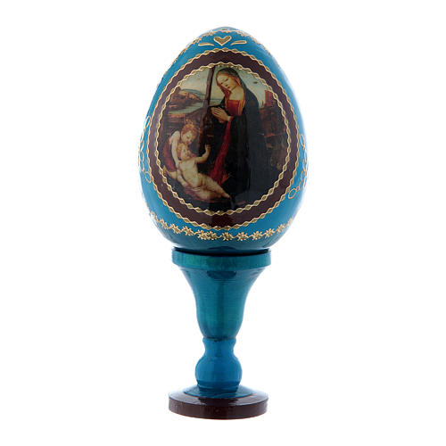 Russische Ei-Ikone, blau, Madonna mit Kind und Johannesknabe, Gesamthöhe 13 cm 1