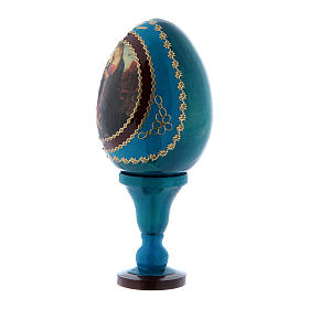 Ovos Russos Pintados: Ovo Virgem com Menino e pequeno São João Batista ícone découpage russo azul h tot 13 cm