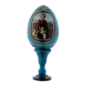 Russische Ei-Ikone, blau, Madonna im Garten, Fabergè-Stil, Gesamthöhe 13 cm