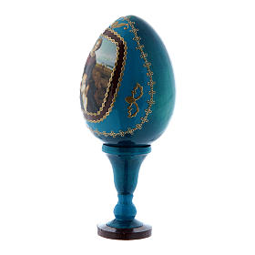 Oeuf icône russe La Madone à la prairie style Fabergé bleu h tot 13 cm