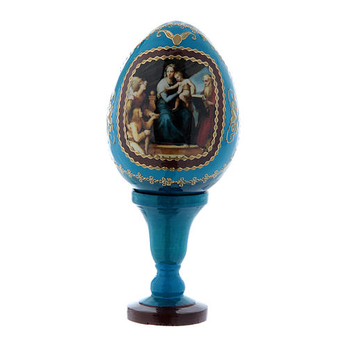 Russische Ei-Ikone, blau, Madonna mit dem Fisch, Gesamthöhe 13 cm 1