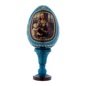 Russische Ei-Ikone, blau, Madonna mit dem Kinde, Fabergè-Stil, Gesamthöhe 13 cm