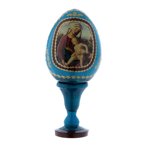 Oeuf découpage en bois russe Vierge à l'Enfant bleu h tot 13 cm 1
