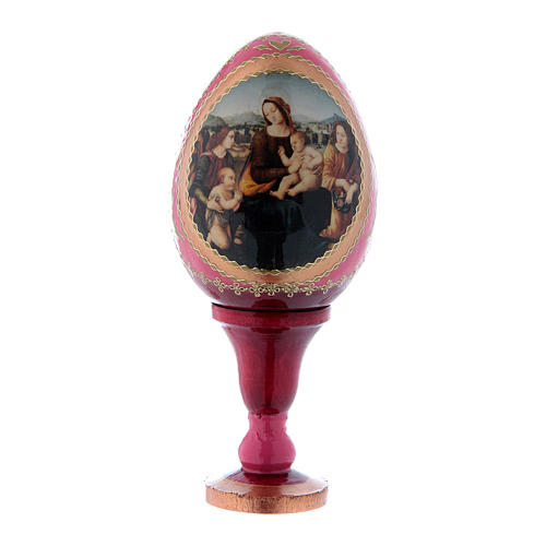 Russische Ei-Ikone, rot, Anbetung des Kindes mit dem Johannesknaben und Engeln, Gesamthöhe 13 cm 1