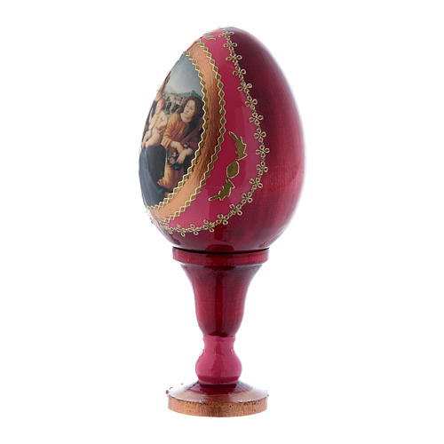 Russische Ei-Ikone, rot, Anbetung des Kindes mit dem Johannesknaben und Engeln, Gesamthöhe 13 cm 2