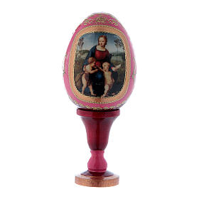 Russische Ei-Ikone, rot, Madonna mit dem Stieglitz, Gesamthöhe 13 cm