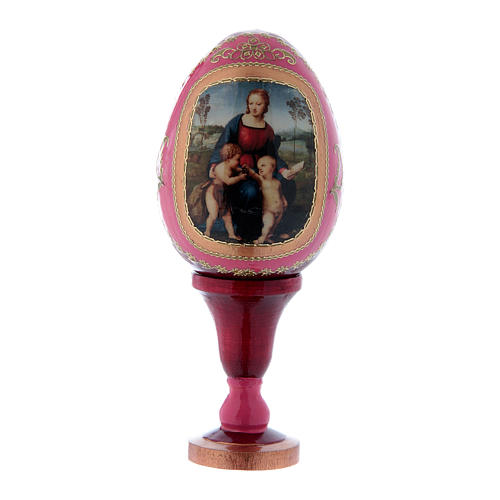 Russische Ei-Ikone, rot, Madonna mit dem Stieglitz, Gesamthöhe 13 cm 1