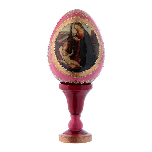 Russische Ei-Ikone, rot, Madonna mit Kind und Johannesknabe, Gesamthöhe 13 cm 1