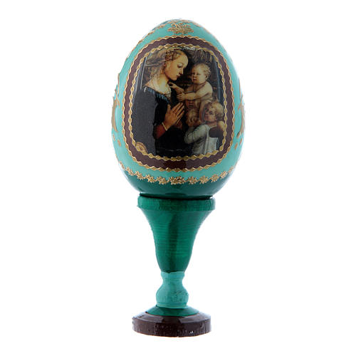 Uovo russo La Madonna col Bambino e Angeli verde in legno decorato a mano h tot 13 cm 1